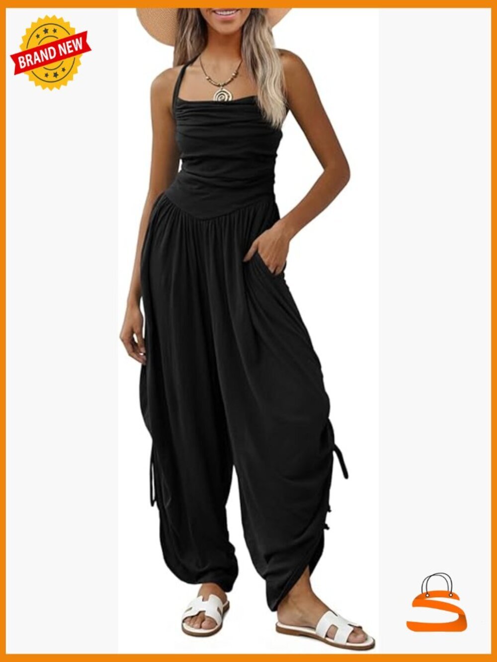 Women's Halter Jumpsuit Wide Leg Barrel Romper Sleeveless Side Cinch